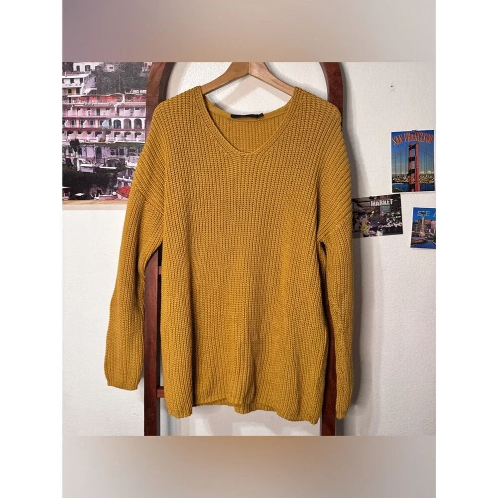 Jenni Kayne Cotton Cabin Knit Pullover Sweater Oversized Mustard Yellow